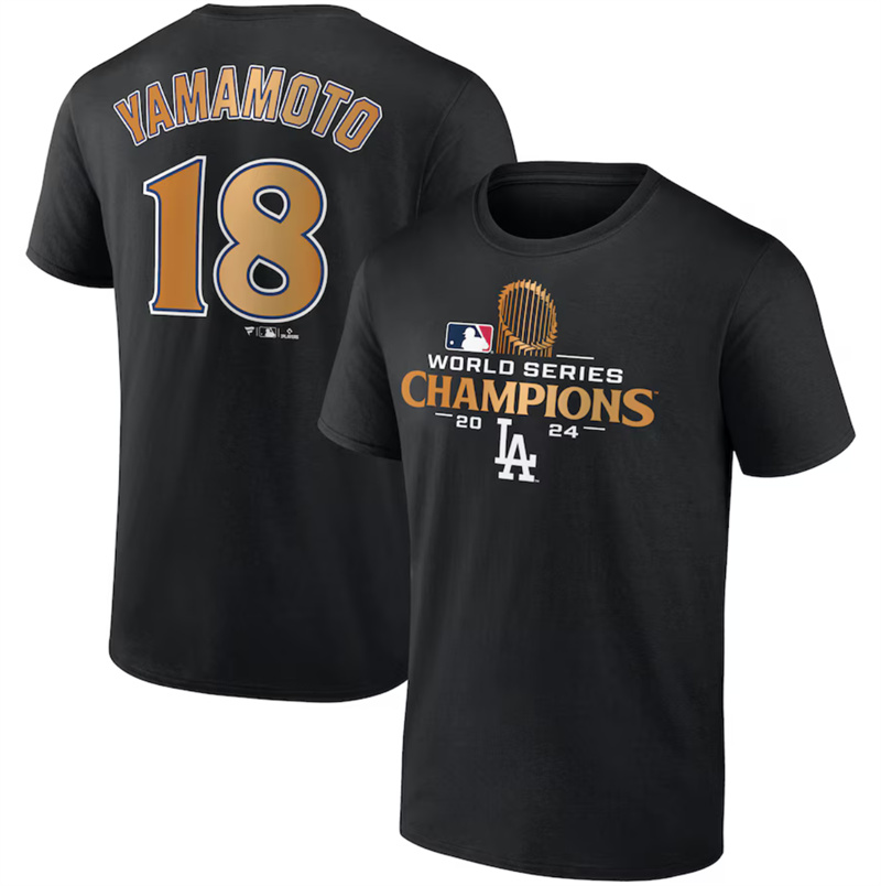 Men's Los Angeles Dodgers #18 Yoshinobu Yamamoto Black 2024 World Series Champions Name & Number T-Shirt Men's Los Angeles Dodgers #18 Yoshinobu Yamamoto Black 2024 World Series Champions Name & Number T-Shirt
