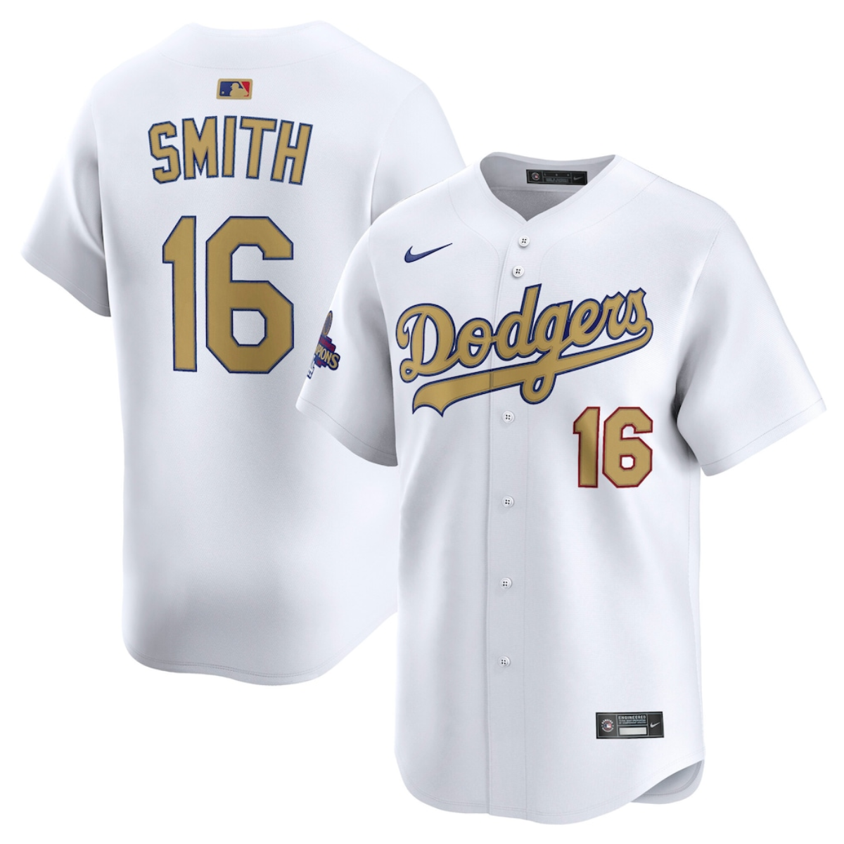 Men's Los Angeles Dodgers #16 Will Smith White 2025 Gold Collection Limited Stitched Baseball Jersey Men's Los Angeles Dodgers #16 Will Smith White 2025 Gold Collection Limited Stitched Baseball Jersey