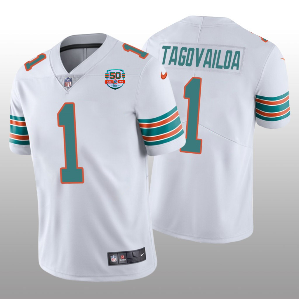 Men's Miami Dolphins #1 Tua Tagovailoa 2022 White With With 50th Perfect Season Patch Limited Stitched Jersey Men's Miami Dolphins #1 Tua Tagovailoa 2022 White With With 50th Perfect Season Patch Limited Stitched Jersey