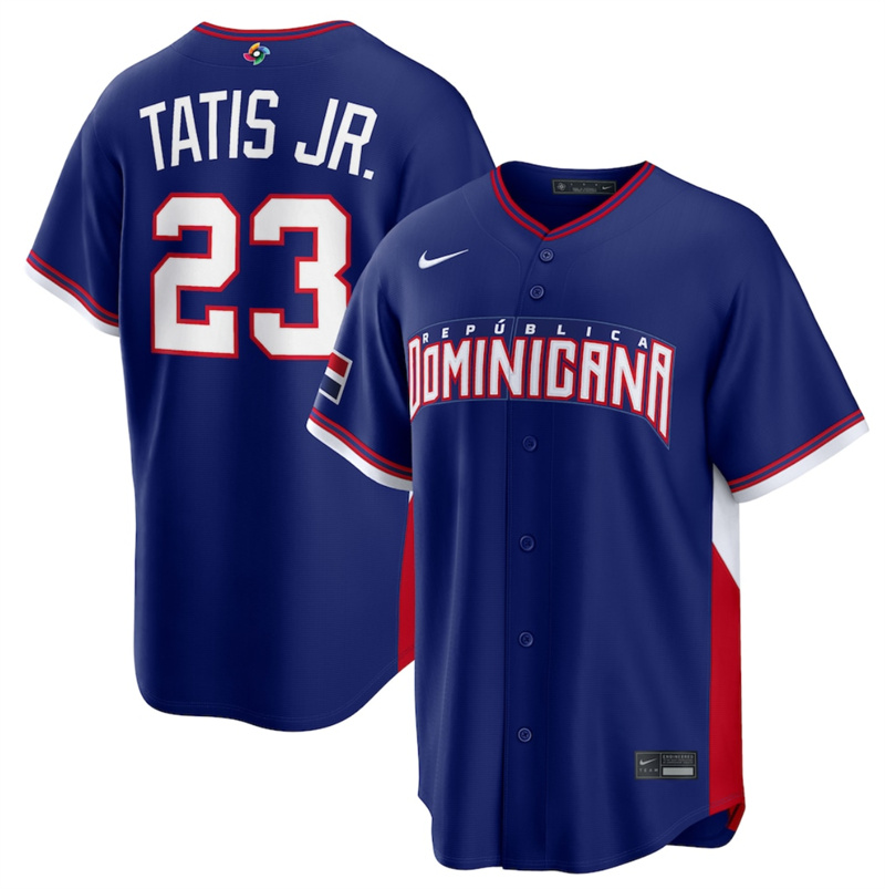 Men's Dominican Republic Baseball #23 Fernando Tatis Jr. Navy 2026 World Baseball Classic Road Stadium Stitched Jersey Men's Dominican Republic Baseball #23 Fernando Tatis Jr. Navy 2026 World Baseball Classic Road Stadium Stitched Jersey