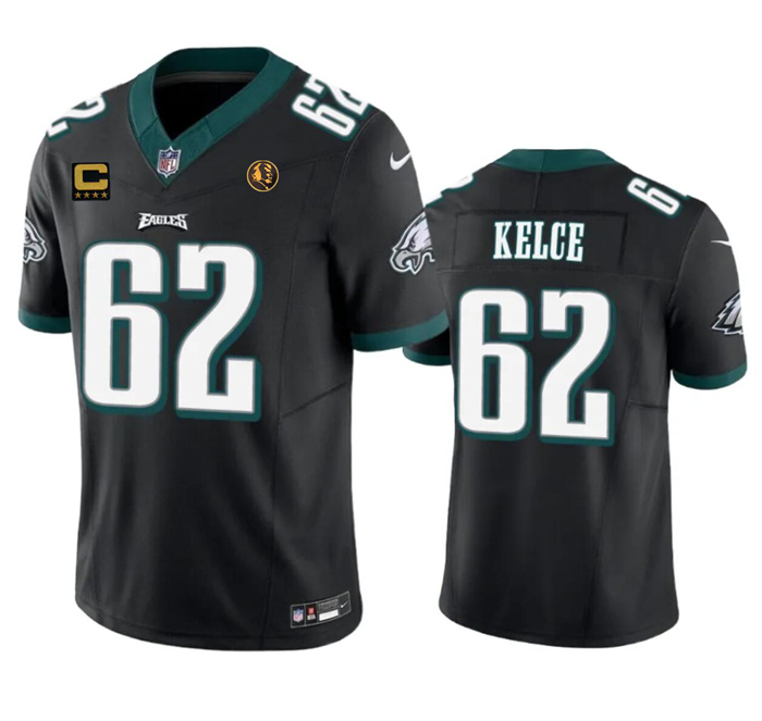 Men's Philadelphia Eagles #62 Jason Kelce Black 2023 F.U.S.E. With 4-star C Patch And John Madden Patch Vapor Limited Stitched Football Jersey Men's Philadelphia Eagles #62 Jason Kelce Black 2023 F.U.S.E. With 4-star C Patch And John Madden Patch Vapor Limited Stitched Football Jersey