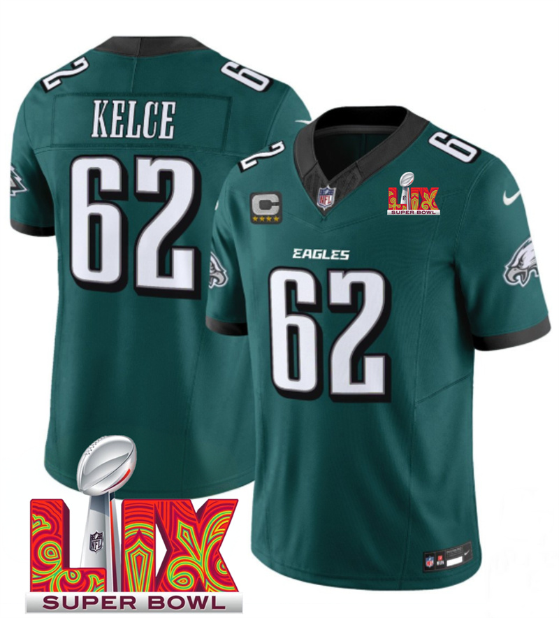 Men's Philadelphia Eagles #62 Jason Kelce Green F.U.S.E. 24/25 Super Bowl LIX With 4-Star C Patch Vapor Untouchable Limited Stitched Football Jersey Men's Philadelphia Eagles #62 Jason Kelce Green F.U.S.E. 24/25 Super Bowl LIX With 4-Star C Patch Vapor Untouchable Limited Stitched Football Jersey