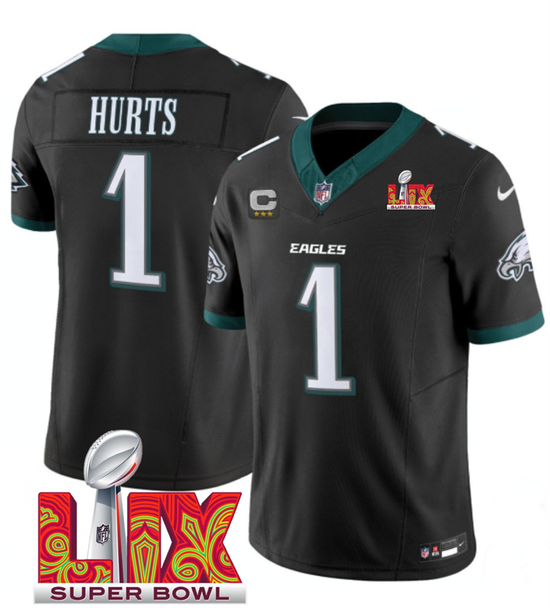 Men's Philadelphia Eagles #1 Jalen Hurts Black F.U.S.E. 24/25 Super Bowl LIX With 3-Star C Patch Vapor Untouchable Limited Stitched Football Jersey