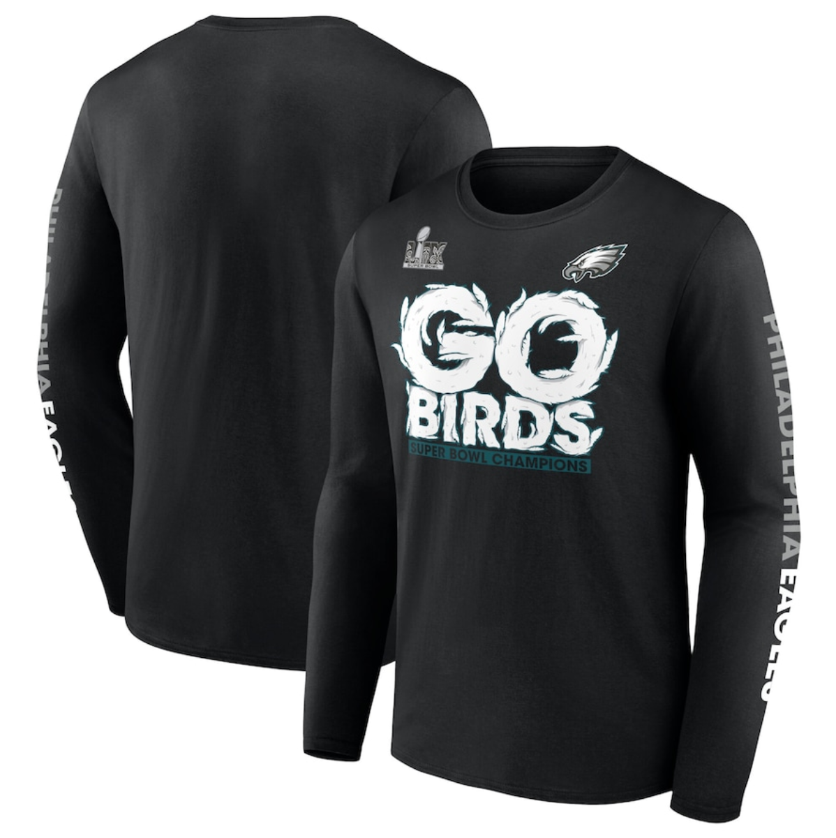 Men's Philadelphia Eagles Black Super Bowl LIX Champions On Top Go Birds Long Sleeve T-Shirt Men's Philadelphia Eagles Black Super Bowl LIX Champions On Top Go Birds Long Sleeve T-Shirt