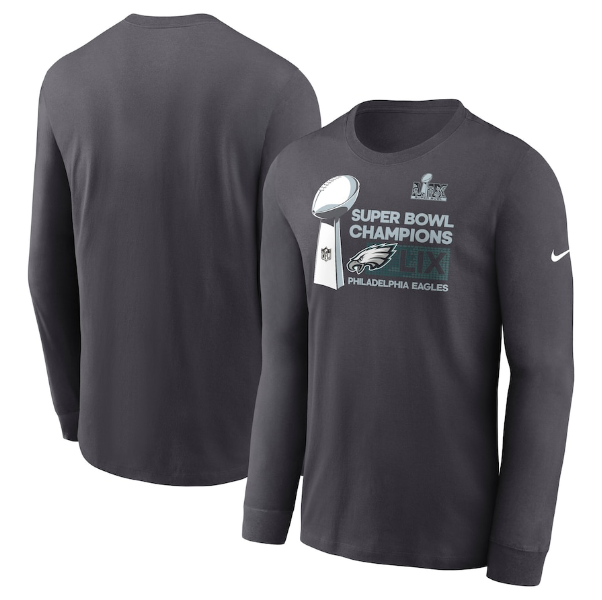 Men's Philadelphia Eagles Anthracite Super Bowl LIX Champions Locker Room Trophy Collection Long Sleeve T-Shirt