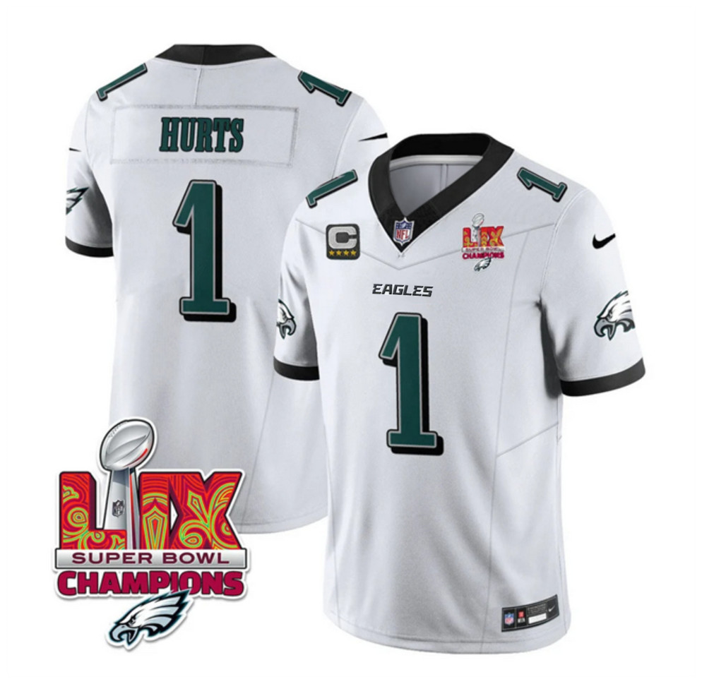 Men's Philadelphia Eagles #1 Jalen Hurts White 2025 Eagles Logo Super Bowl LIX Patch And 4-Star C Patch New F.U.S.E. Vapor Untouchable Limited Stitched Football Jersey Men's Philadelphia Eagles #1 Jalen Hurts White 2025 Eagles Logo Super Bowl LIX Patch And 4-Star C Patch New F.U.S.E. Vapor Untouchable Limited Stitched Football Jersey