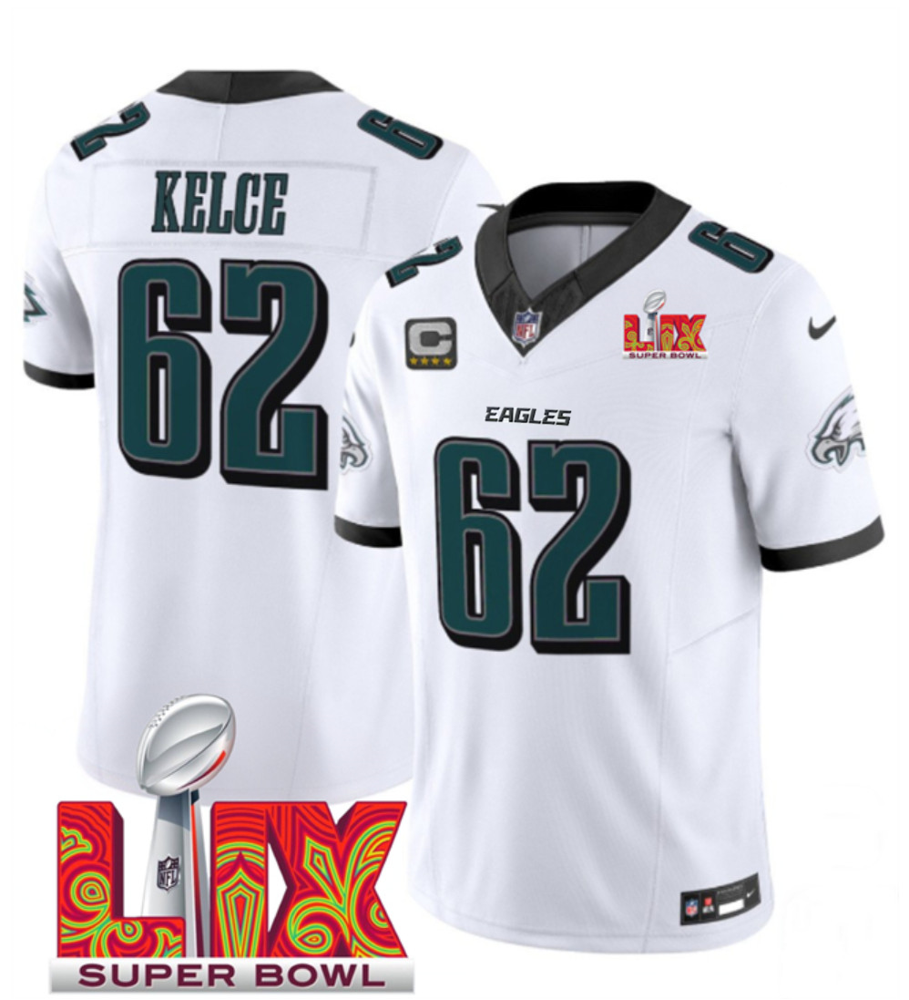 Men's Philadelphia Eagles #62 Jason Kelce White F.U.S.E. 24/25 Super Bowl LIX With 4-Star C Patch Vapor Untouchable Limited Stitched Football Jersey