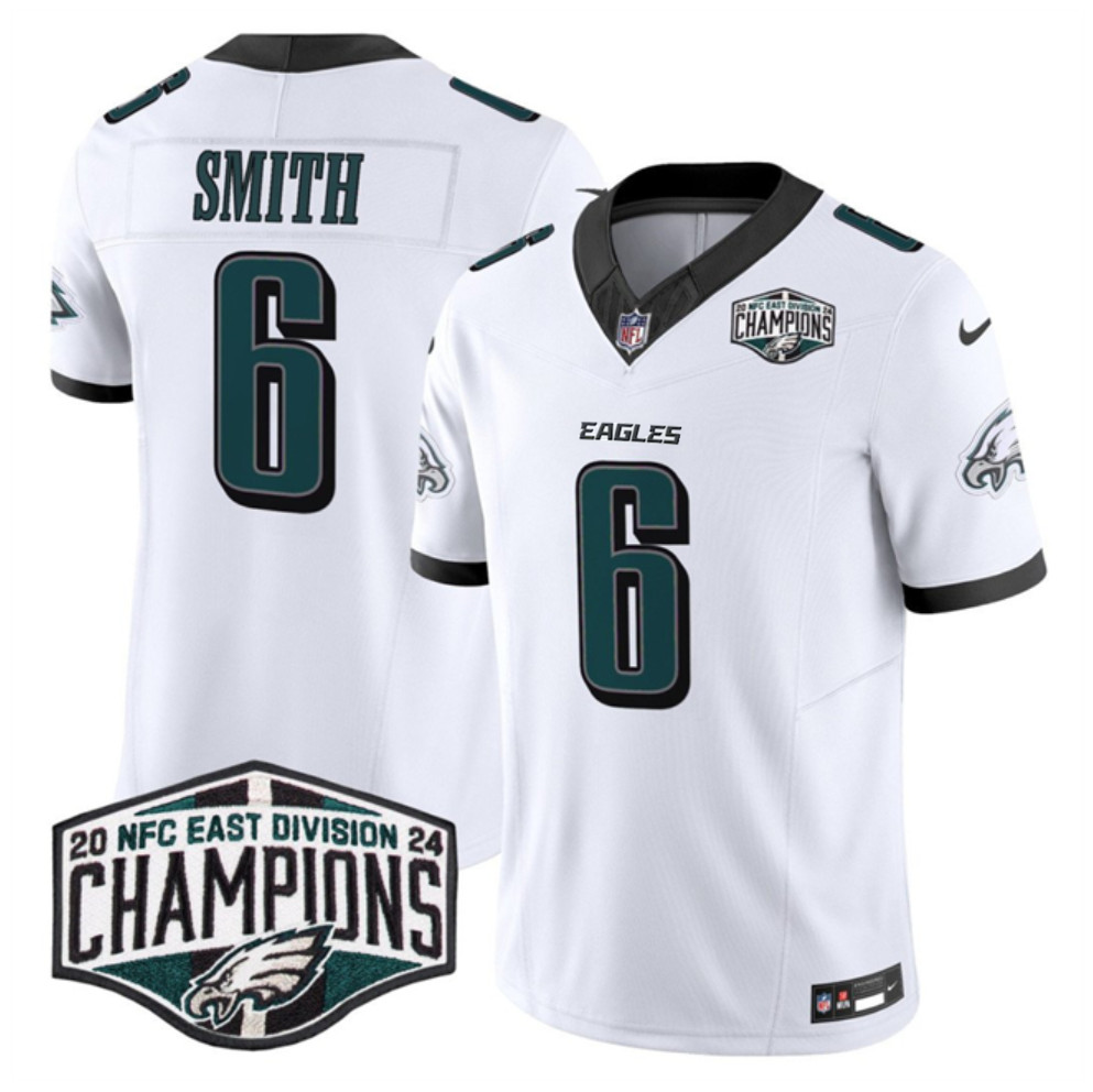 Men's Philadelphia Eagles #6 DeVonta Smith White 2024 New NFC East Champions F.U.S.E. Vapor Untouchable Limited Stitched Football Jersey Men's Philadelphia Eagles #6 DeVonta Smith White 2024 New NFC East Champions F.U.S.E. Vapor Untouchable Limited Stitched Football Jersey