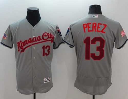 Royals #13 Salvador Perez Grey Fashion Stars & Stripes Flexbase Authentic Stitched MLB Jersey Royals #13 Salvador Perez Grey Fashion Stars & Stripes Flexbase Authentic Stitched MLB Jersey