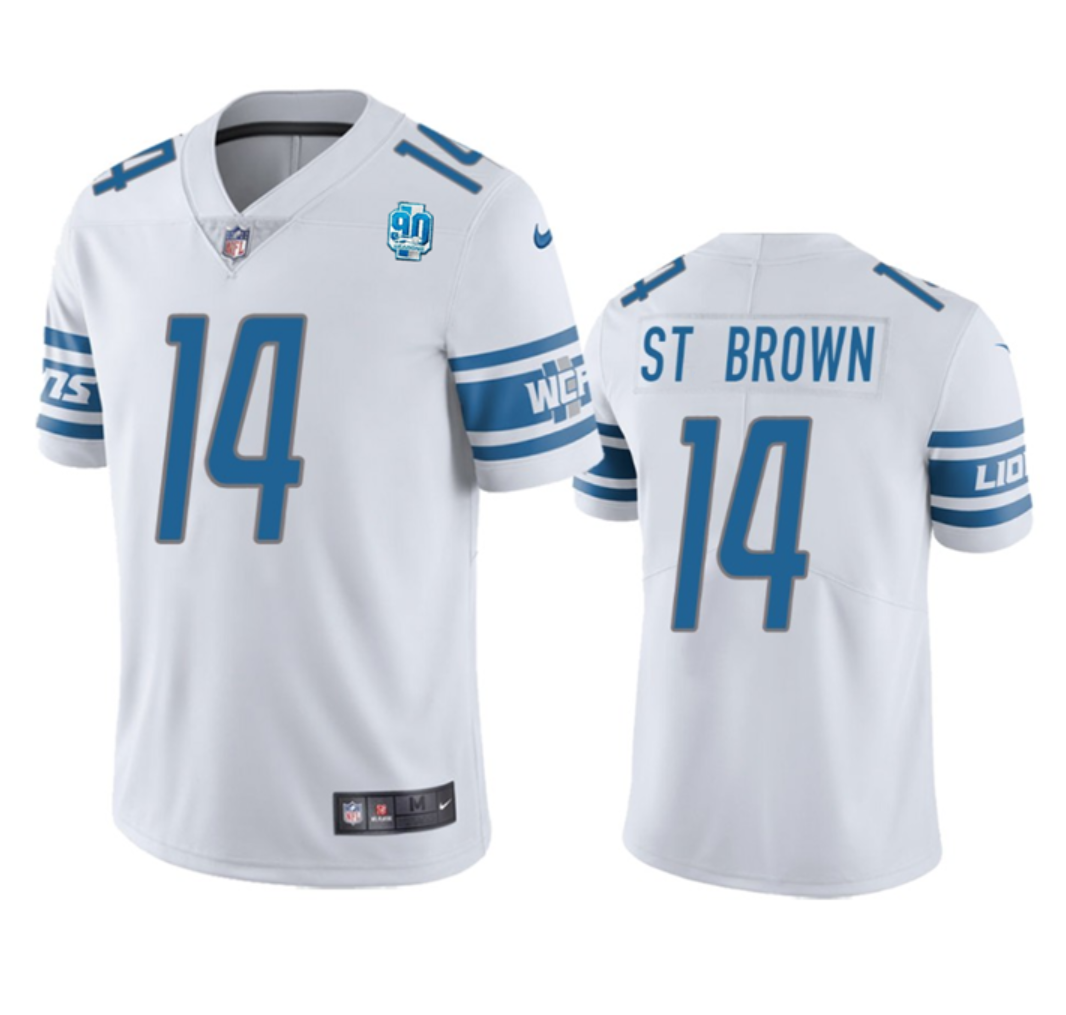 Men's Detroit Lions #14 Amon-Ra St. Brown White 2023 90th Anniversary Vapor Untouchable Limited Stitched Jersey Men's Detroit Lions #14 Amon-Ra St. Brown White 2023 90th Anniversary Vapor Untouchable Limited Stitched Jersey