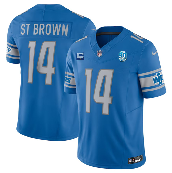 Men's Detroit Lions #14 Amon-Ra St. Brown Blue 2023 F.U.S.E. With 1-Star C Patch And 90th Anniversary Patch Vapor Untouchable Limited Stitched Jersey Men's Detroit Lions #14 Amon-Ra St. Brown Blue 2023 F.U.S.E. With 1-Star C Patch And 90th Anniversary Patch Vapor Untouchable Limited Stitched Jersey