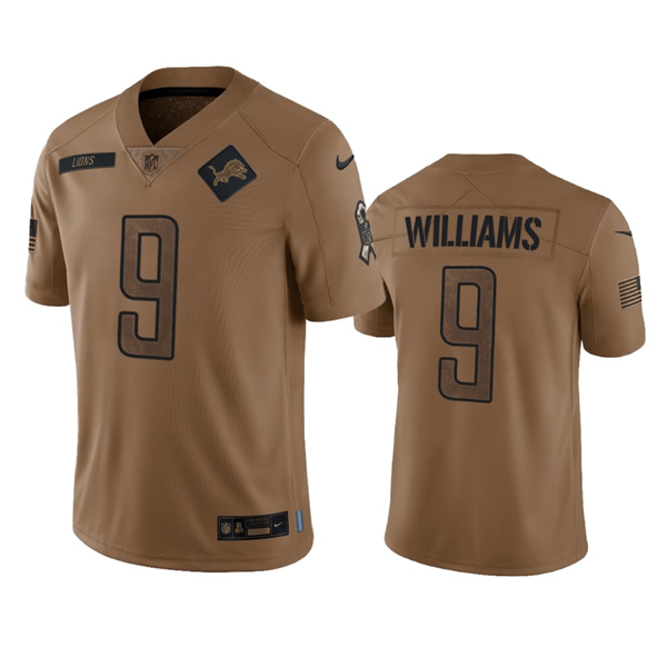 Men's Detroit Lions #9 Jameson Williams 2023 Brown Salute To Service Limited Stitched Jersey Men's Detroit Lions #9 Jameson Williams 2023 Brown Salute To Service Limited Stitched Jersey