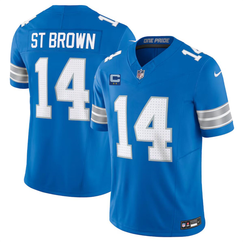 Men's Detroit Lions #14 Amon-Ra St. Brown Blue 2024 F.U.S.E. With 2-Star C Patch Vapor Limited Stitched Jersey Men's Detroit Lions #14 Amon-Ra St. Brown Blue 2024 F.U.S.E. With 2-Star C Patch Vapor Limited Stitched Jersey