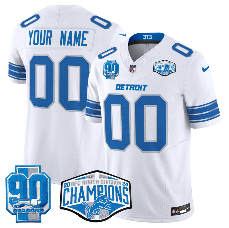 Men's Detroit Lions Active Player Custom White 2024 NFC North Champions 90th Anniversary Patch F.U.S.E. Vapor Limited Stitched Jersey Men's Detroit Lions Active Player Custom White 2024 NFC North Champions 90th Anniversary Patch F.U.S.E. Vapor Limited Stitched Jersey
