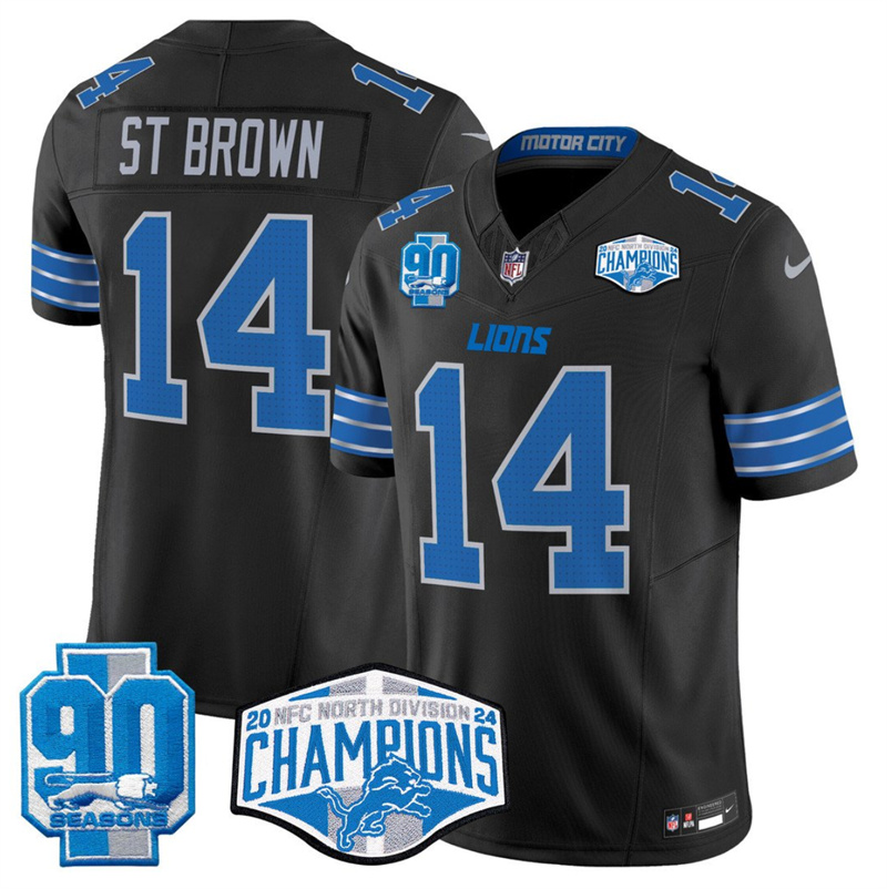 Men's Detroit Lions #14 Amon-Ra St. Brown Black 2024 NFC North Champions 90th Anniversary Patch F.U.S.E. Vapor Limited Stitched Jersey Men's Detroit Lions #14 Amon-Ra St. Brown Black 2024 NFC North Champions 90th Anniversary Patch F.U.S.E. Vapor Limited Stitched Jersey
