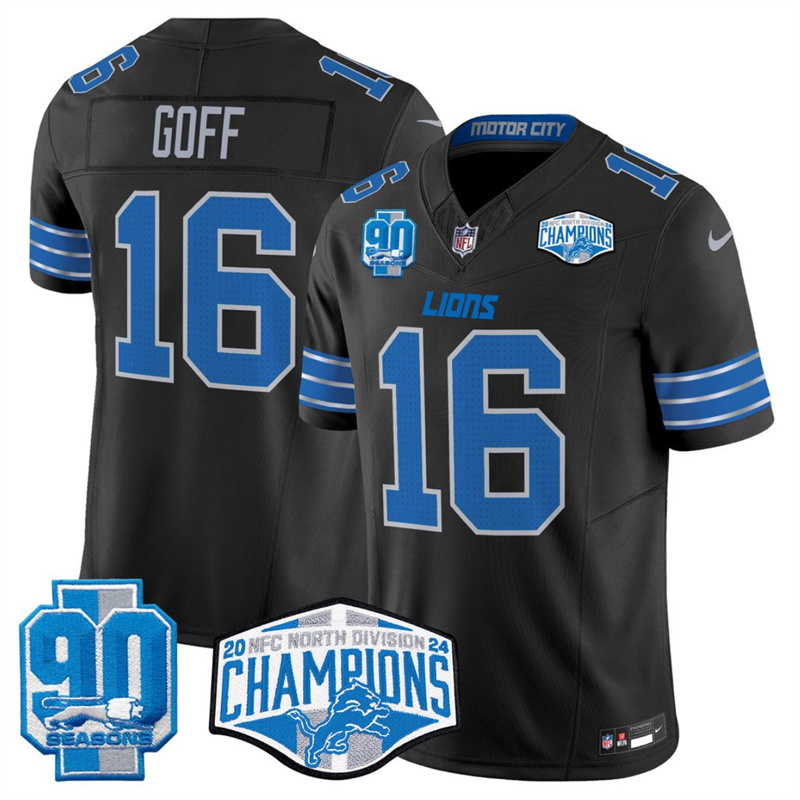 Men's Detroit Lions #16 Jared Goff Black 2024 NFC North Champions 90th Anniversary Patch F.U.S.E. Vapor Limited Stitched Jersey Men's Detroit Lions #16 Jared Goff Black 2024 NFC North Champions 90th Anniversary Patch F.U.S.E. Vapor Limited Stitched Jersey