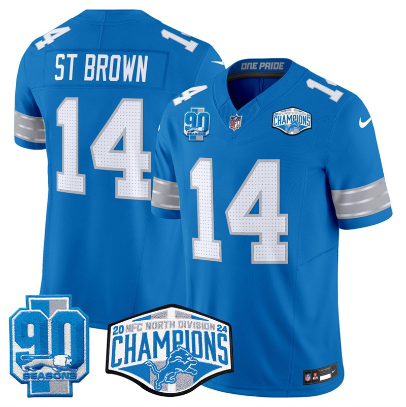 Men's Detroit Lions #14 Amon-Ra St. Brown Blue 2024 NFC North Champions 90th Anniversary Patch F.U.S.E. Vapor Limited Stitched Jersey Men's Detroit Lions #14 Amon-Ra St. Brown Blue 2024 NFC North Champions 90th Anniversary Patch F.U.S.E. Vapor Limited Stitched Jersey
