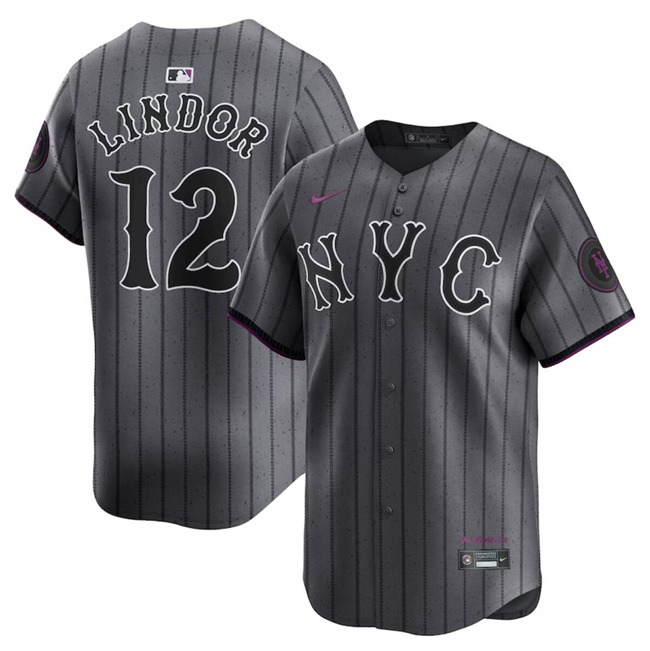 Men's New York Mets #12 Francisco Lindor Graphite 2024 City Connect Limited Stitched Baseball Jersey Men's New York Mets #12 Francisco Lindor Graphite 2024 City Connect Limited Stitched Baseball Jersey
