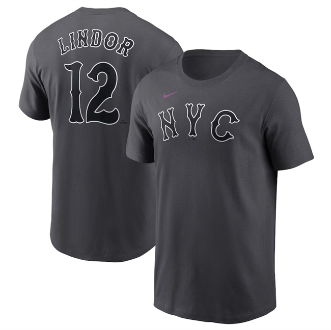 Men's New York Mets #12 Francisco Lindor Graphite 2024 City Connect Fuse Name & Number T-Shirt Men's New York Mets #12 Francisco Lindor Graphite 2024 City Connect Fuse Name & Number T-Shirt