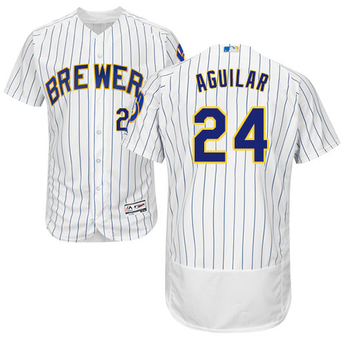 Brewers #24 Jesus Aguilar White Strip Flexbase Authentic Collection Stitched MLB Jersey Brewers #24 Jesus Aguilar White Strip Flexbase Authentic Collection Stitched MLB Jersey