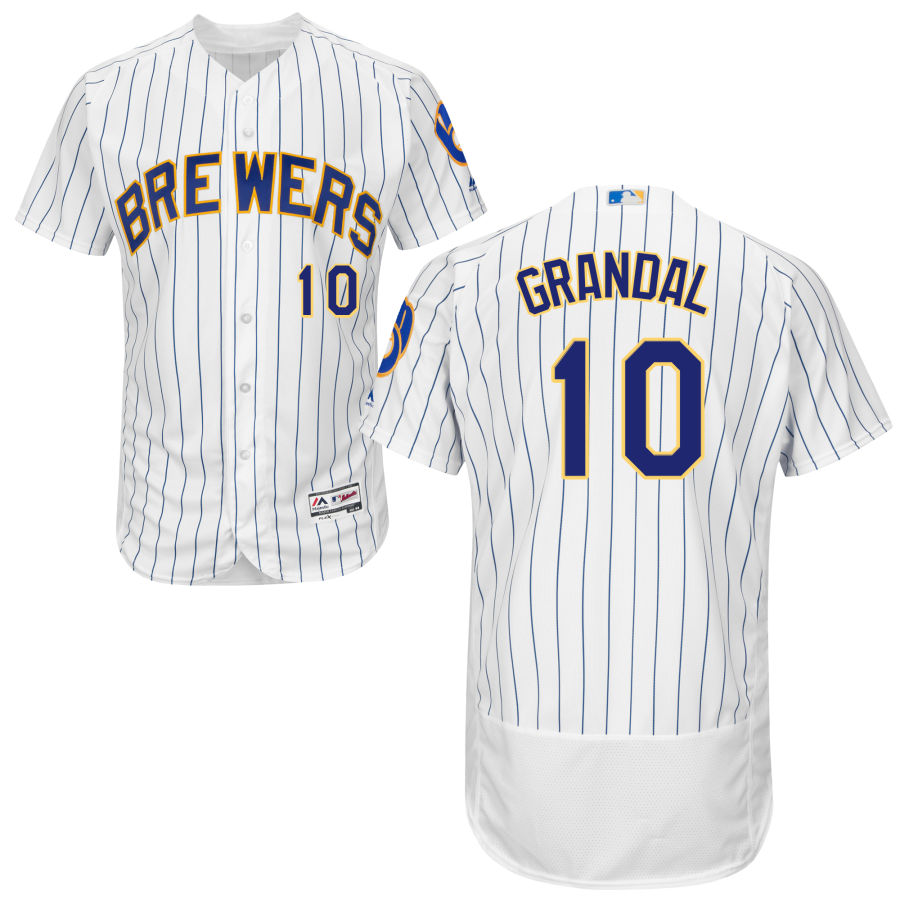 Milwaukee Brewers #10 Yasmani Grandal White Royal Flex Base Authentic Stitched MLB Jersey Milwaukee Brewers #10 Yasmani Grandal White Royal Flex Base Authentic Stitched MLB Jersey
