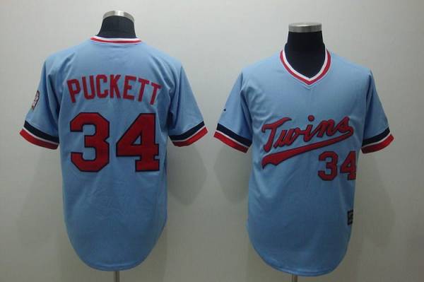Mitchelland Ness Twins #34 Kirby Puckett Stitched Light Blue Throwback MLB Jersey Mitchelland Ness Twins #34 Kirby Puckett Stitched Light Blue Throwback MLB Jersey
