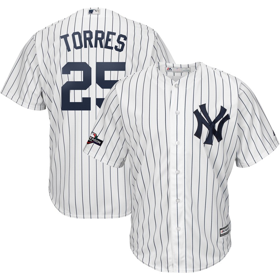New York Yankees #25 Gleyber Torres Majestic 2019 Postseason Official Cool Base Player Jersey White Navy