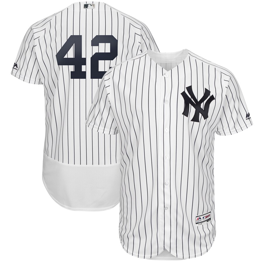 New York Yankees #42 Mariano Rivera Majestic 2019 Hall of Fame Authentic Collection Flex Base Player Jersey White Navy New York Yankees #42 Mariano Rivera Majestic 2019 Hall of Fame Authentic Collection Flex Base Player Jersey White Navy
