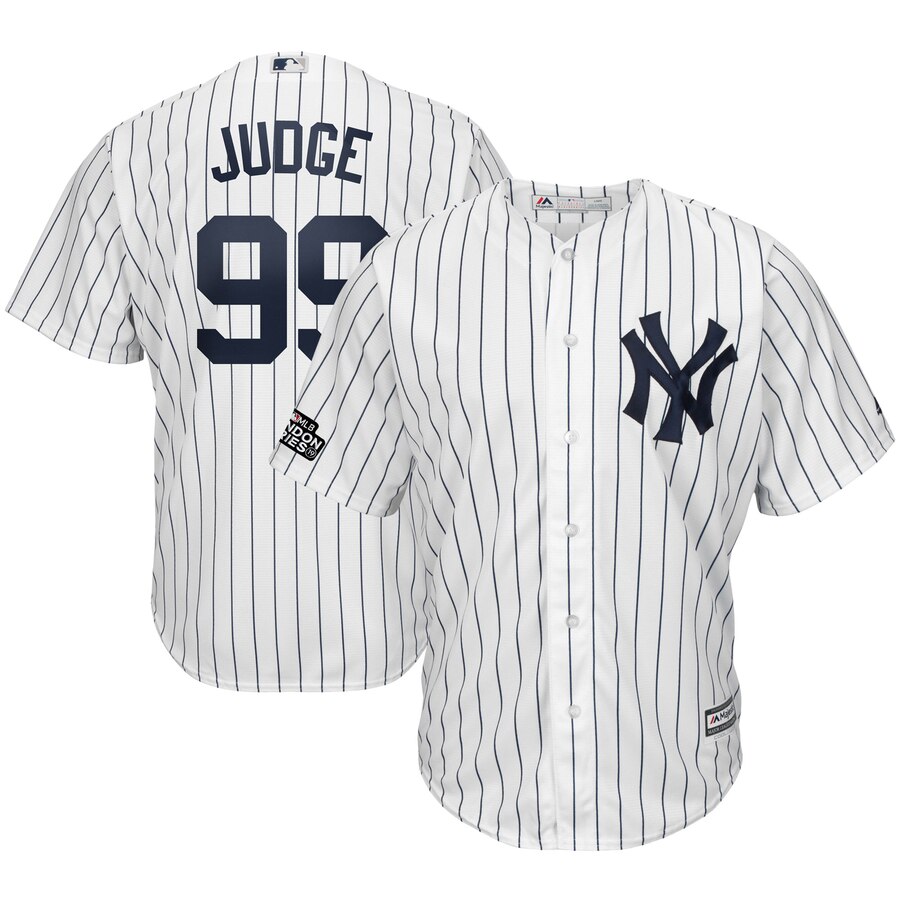 New York Yankees #99 Aaron Judge Majestic 2019 London Series Cool Base Player Jersey White Navy New York Yankees #99 Aaron Judge Majestic 2019 London Series Cool Base Player Jersey White Navy