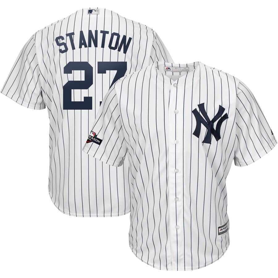 New York Yankees #27 Giancarlo Stanton Majestic 2019 Postseason Official Cool Base Player Jersey White Navy New York Yankees #27 Giancarlo Stanton Majestic 2019 Postseason Official Cool Base Player Jersey White Navy
