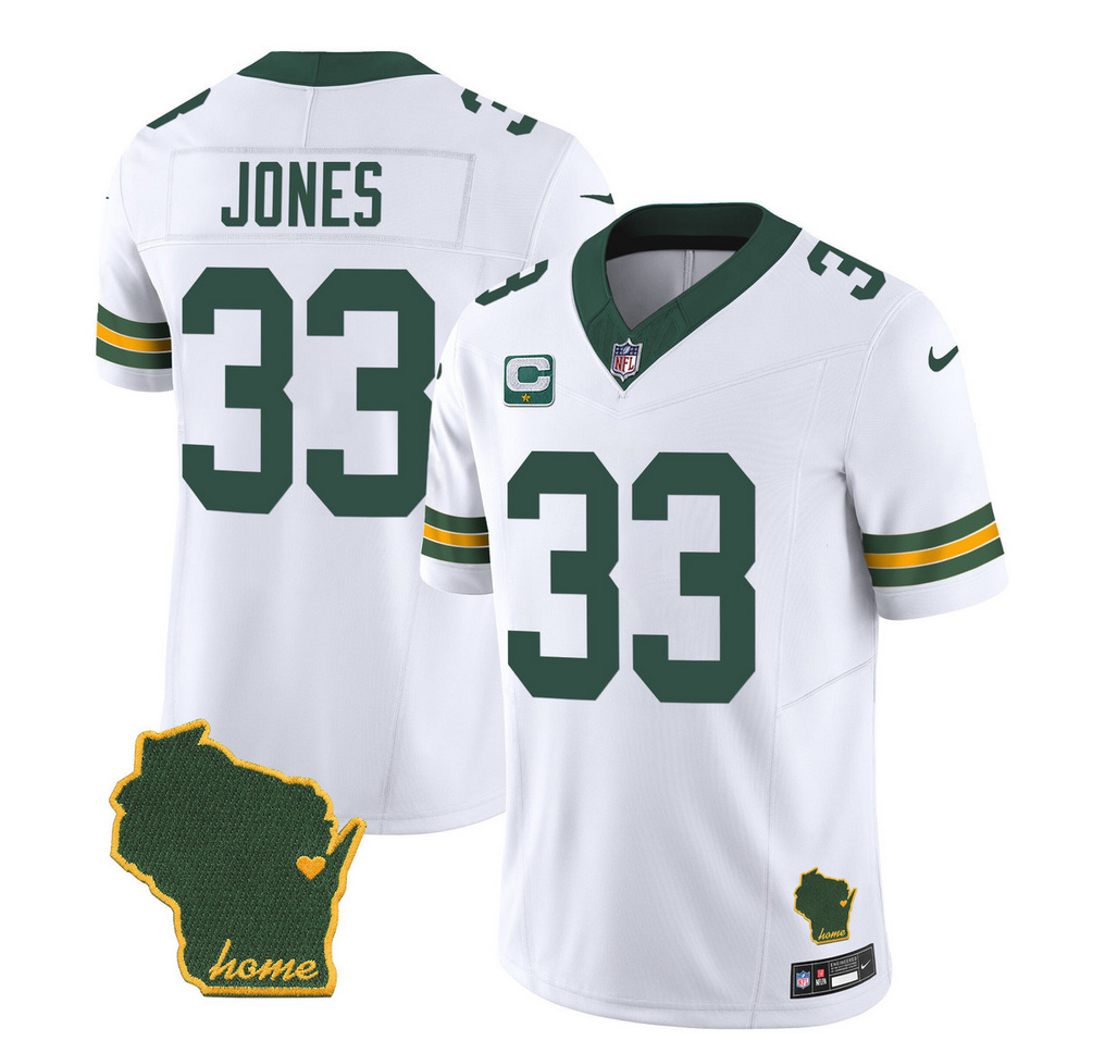 Men's Green Bay Packers #33 Aaron Jones White 2023 F.U.S.E. Home Patch And 1-Star C Patch Vapor Untouchable Limited Stitched Jersey Men's Green Bay Packers #33 Aaron Jones White 2023 F.U.S.E. Home Patch And 1-Star C Patch Vapor Untouchable Limited Stitched Jersey