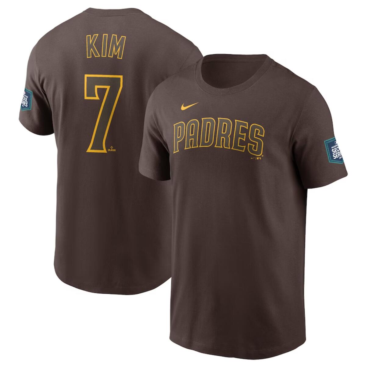 Men's San Diego Padres #7 Ha-Seong Kim Brown 2024 World Tour Seoul Series Name & Number T-Shirt Men's San Diego Padres #7 Ha-Seong Kim Brown 2024 World Tour Seoul Series Name & Number T-Shirt