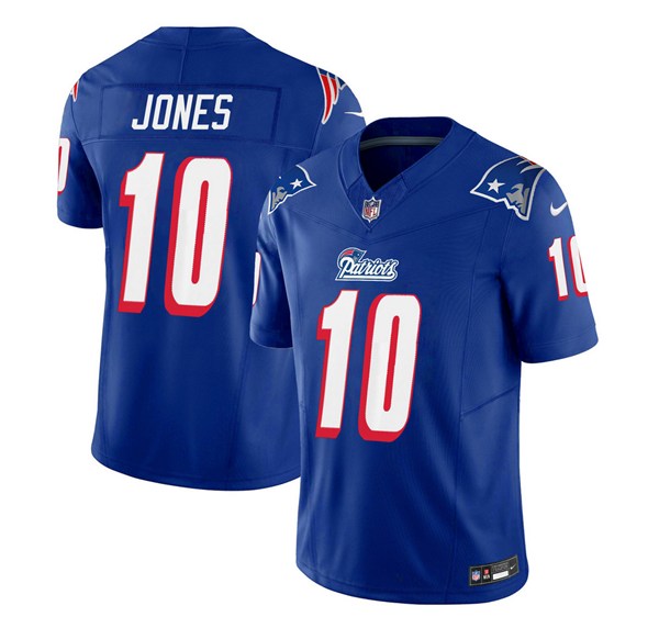 Men's New England Patriots #10 Mac Jones Blue 2023 F.U.S.E. Throwback Limited Stitched Football Jersey Men's New England Patriots #10 Mac Jones Blue 2023 F.U.S.E. Throwback Limited Stitched Football Jersey