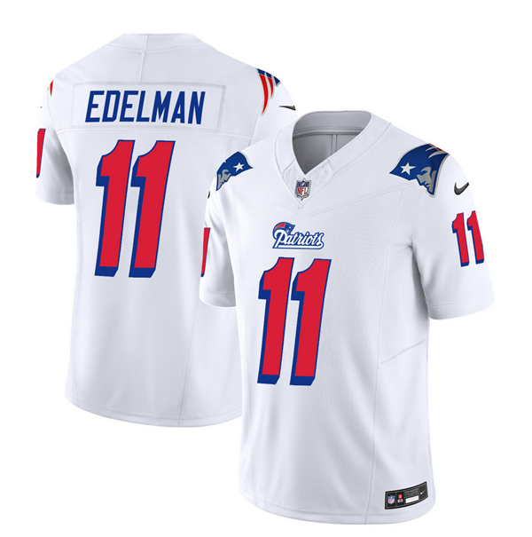 Men's New England Patriots #11 Julian Edelman White 2023 F.U.S.E. Throwback Limited Stitched Football Jersey Men's New England Patriots #11 Julian Edelman White 2023 F.U.S.E. Throwback Limited Stitched Football Jersey