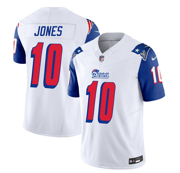 Men's New England Patriots #10 Mac Jones White/Blue 2023 F.U.S.E. Throwback Limited Stitched Football Jersey Men's New England Patriots #10 Mac Jones White/Blue 2023 F.U.S.E. Throwback Limited Stitched Football Jersey