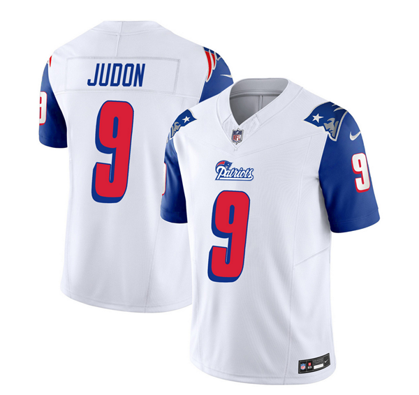 Men's New England Patriots #9 Matthew Judon White/Blue 2023 F.U.S.E. Throwback Limited Stitched Football Jersey Men's New England Patriots #9 Matthew Judon White/Blue 2023 F.U.S.E. Throwback Limited Stitched Football Jersey