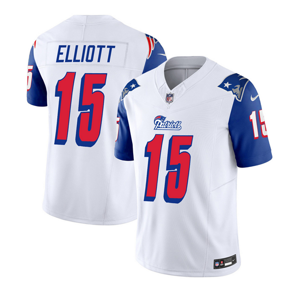 Men's New England Patriots #15 Ezekiel Elliott White/Blue 2023 F.U.S.E. Throwback Limited Stitched Football Jersey Men's New England Patriots #15 Ezekiel Elliott White/Blue 2023 F.U.S.E. Throwback Limited Stitched Football Jersey