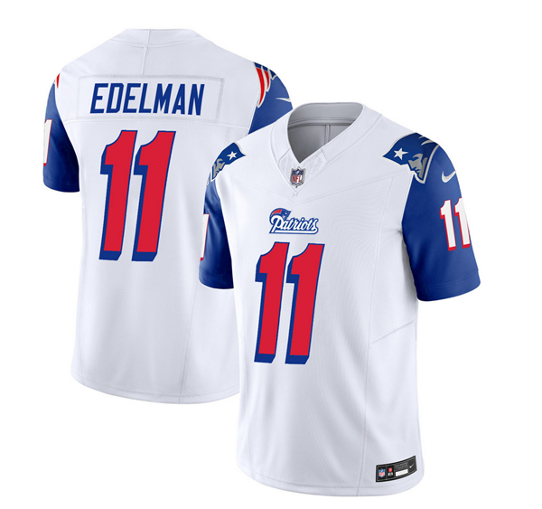 Men's New England Patriots #11 Julian Edelman White/Blue 2023 F.U.S.E. Throwback Limited Stitched Football Jersey Men's New England Patriots #11 Julian Edelman White/Blue 2023 F.U.S.E. Throwback Limited Stitched Football Jersey