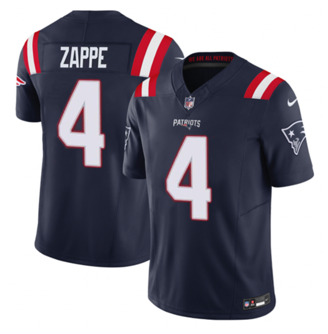 Men's New England Patriots #4 Bailey Zappe Navy 2023 F.U.S.E. Vapor Limited Stitched Football Jersey Men's New England Patriots #4 Bailey Zappe Navy 2023 F.U.S.E. Vapor Limited Stitched Football Jersey
