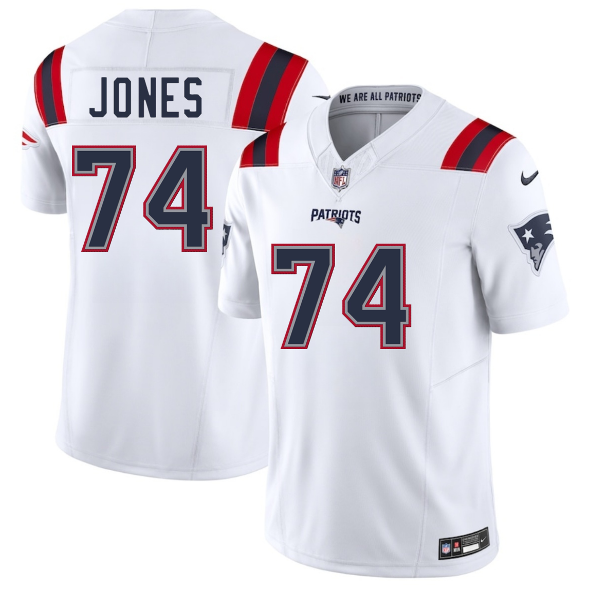 Men's New England Patriots #74 Caleb Jones White 2025 F.U.S.E. Vapor Limited Stitched Football Jersey Men's New England Patriots #74 Caleb Jones White 2025 F.U.S.E. Vapor Limited Stitched Football Jersey