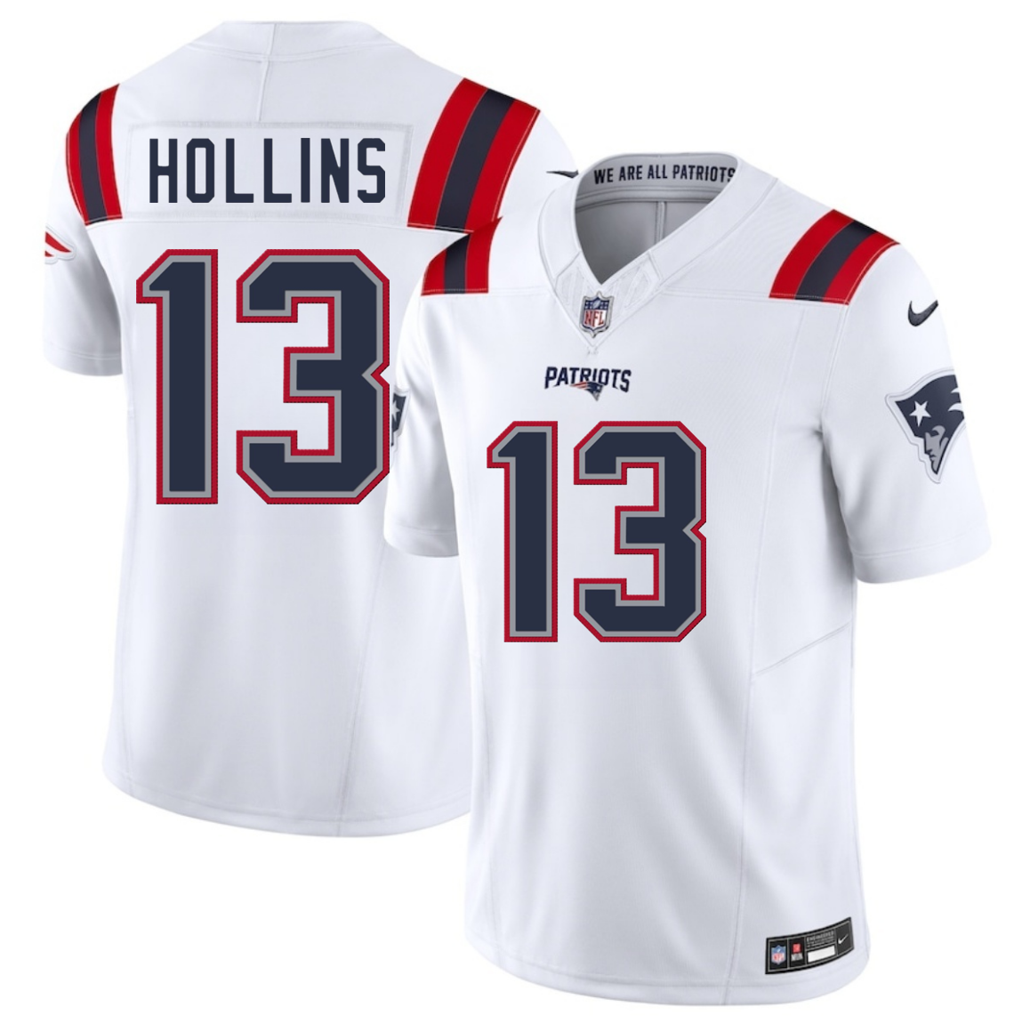 Men's New England Patriots #13 Mack Hollins White 2025 F.U.S.E. Vapor Limited Stitched Football Jersey Men's New England Patriots #13 Mack Hollins White 2025 F.U.S.E. Vapor Limited Stitched Football Jersey