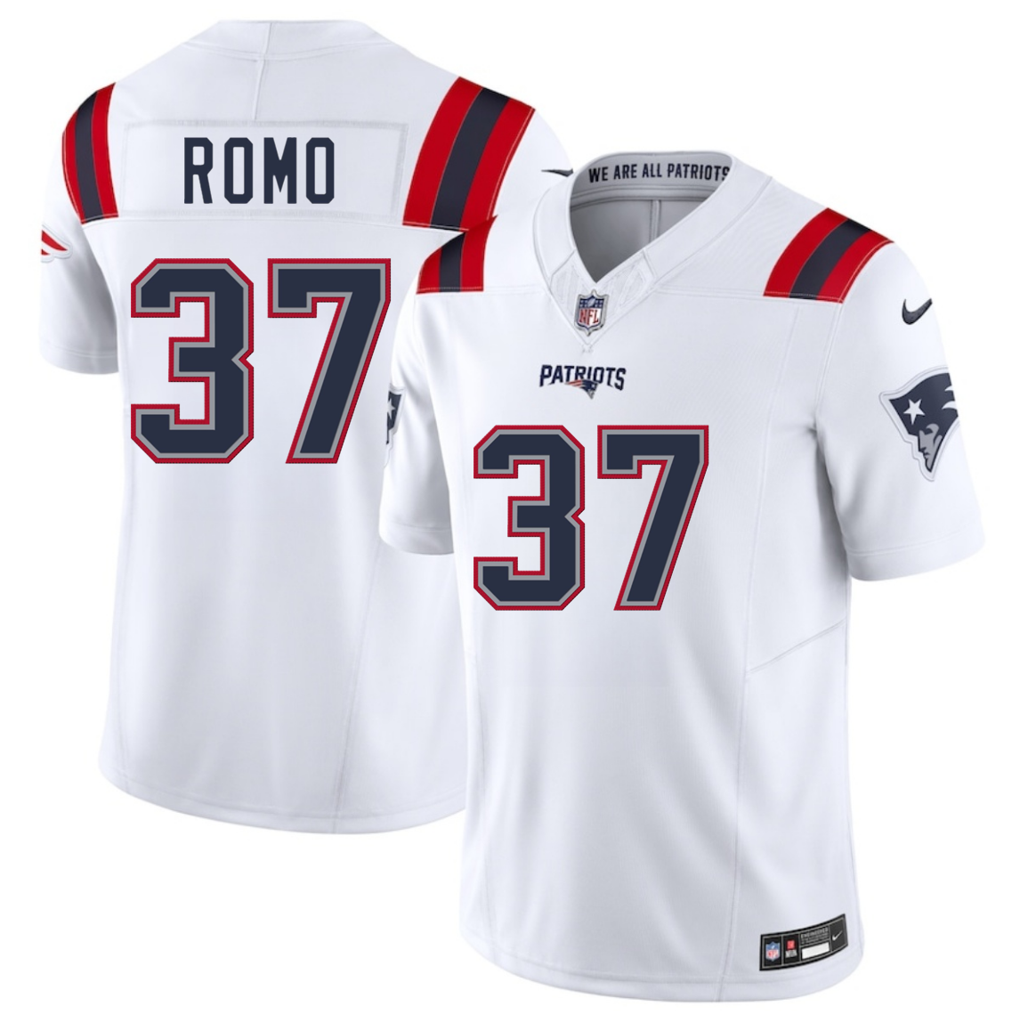 Men's New England Patriots #37 Parker Romo White 2025 F.U.S.E. Vapor Limited Stitched Football Jersey Men's New England Patriots #37 Parker Romo White 2025 F.U.S.E. Vapor Limited Stitched Football Jersey