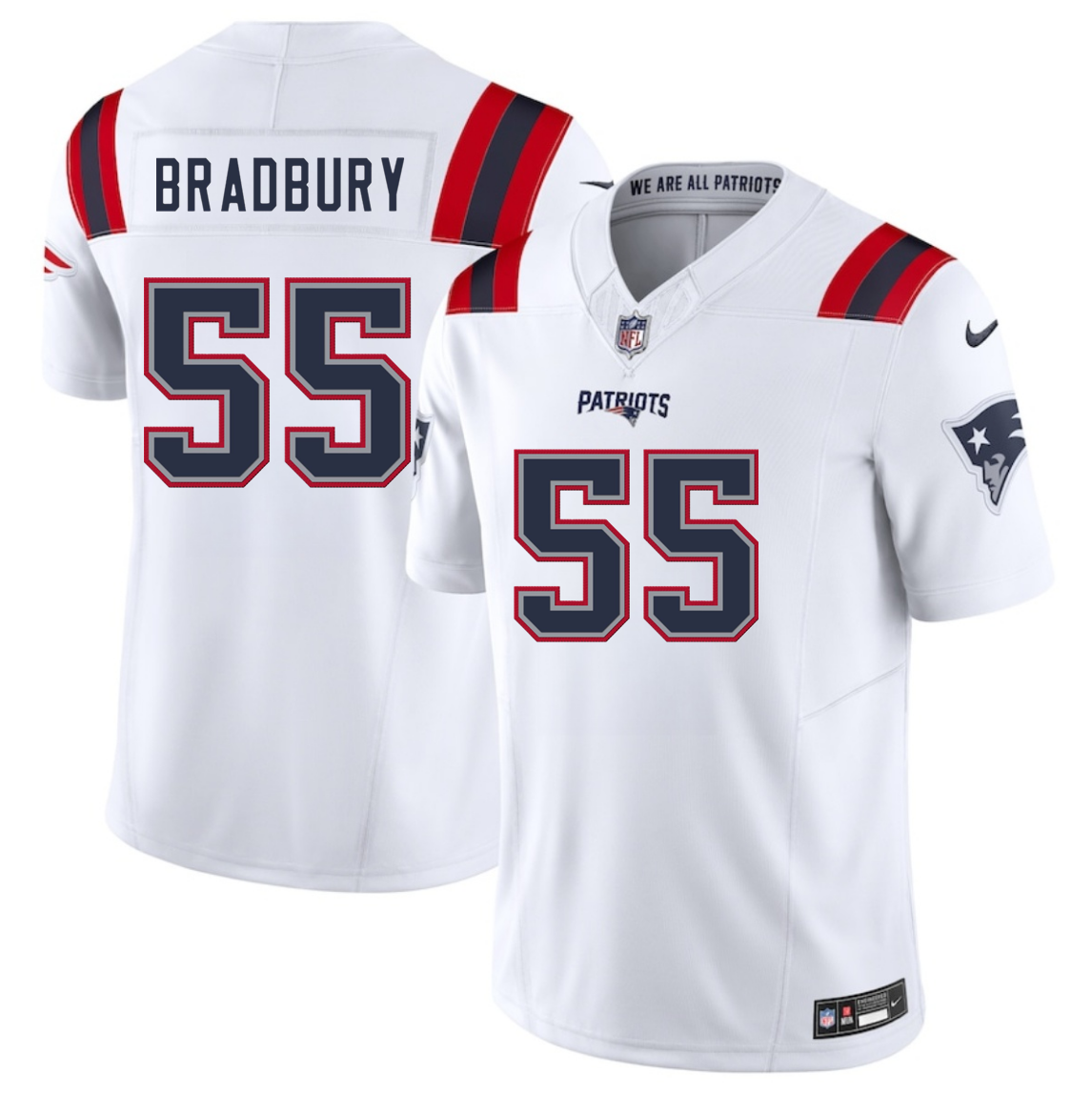 Men's New England Patriots #55 Garrett Bradbury White 2025 F.U.S.E. Vapor Limited Stitched Football Jersey Men's New England Patriots #55 Garrett Bradbury White 2025 F.U.S.E. Vapor Limited Stitched Football Jersey