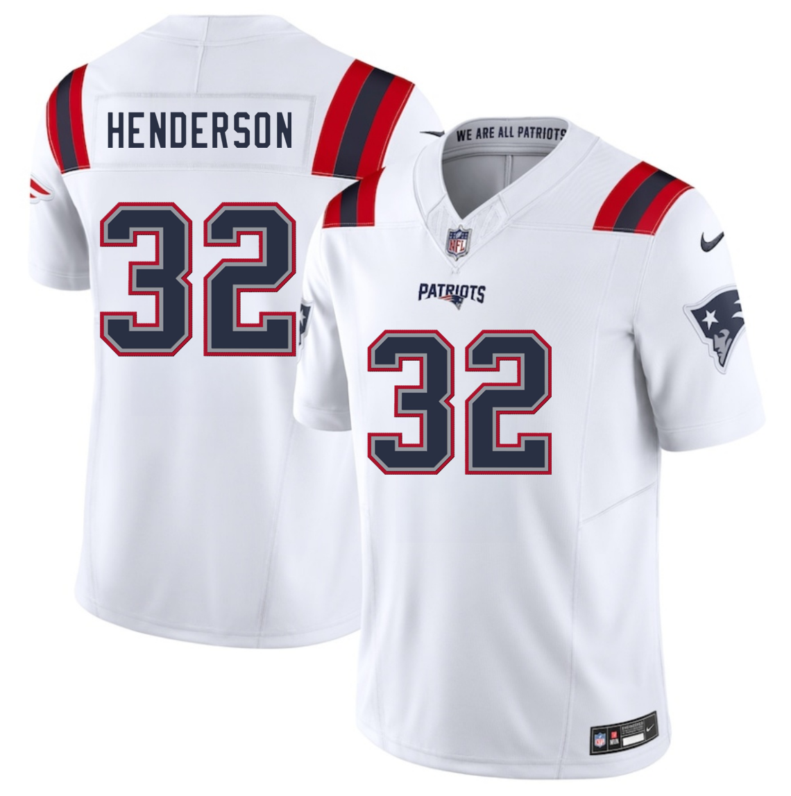 Men's New England Patriots #32 TreVeyon Henderson White 2025 F.U.S.E. Vapor Limited Stitched Football Jersey Men's New England Patriots #32 TreVeyon Henderson White 2025 F.U.S.E. Vapor Limited Stitched Football Jersey