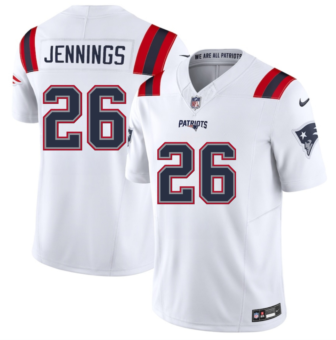 Men's New England Patriots #26 Terrell Jennings White 2025 F.U.S.E. Vapor Limited Stitched Football Jersey Men's New England Patriots #26 Terrell Jennings White 2025 F.U.S.E. Vapor Limited Stitched Football Jersey