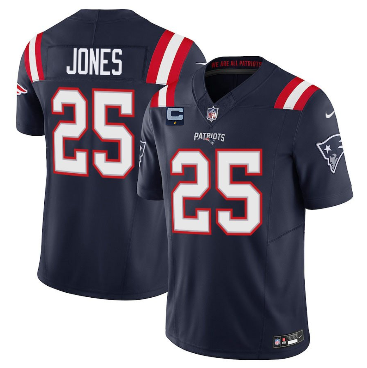 Men's New England Patriots #25 Marcus Jones Navy 2025 F.U.S.E. With 1-Star C Patch Vapor Limited Stitched Football Jersey Men's New England Patriots #25 Marcus Jones Navy 2025 F.U.S.E. With 1-Star C Patch Vapor Limited Stitched Football Jersey