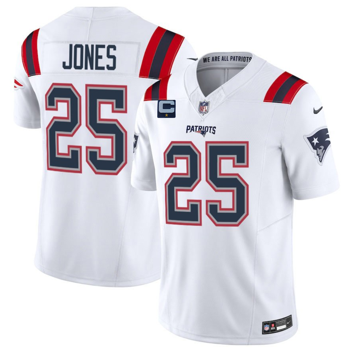 Men's New England Patriots #25 Marcus Jones White 2025 F.U.S.E. With 1-Star C Patch Vapor Limited Stitched Football Jersey Men's New England Patriots #25 Marcus Jones White 2025 F.U.S.E. With 1-Star C Patch Vapor Limited Stitched Football Jersey