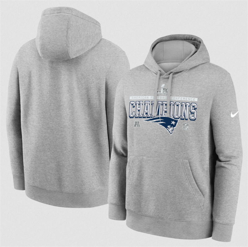 Men's New England Patriots Heather Gray 2025 AFC Champions Locker Room Trophy Collection Hoodie Men's New England Patriots Heather Gray 2025 AFC Champions Locker Room Trophy Collection Hoodie