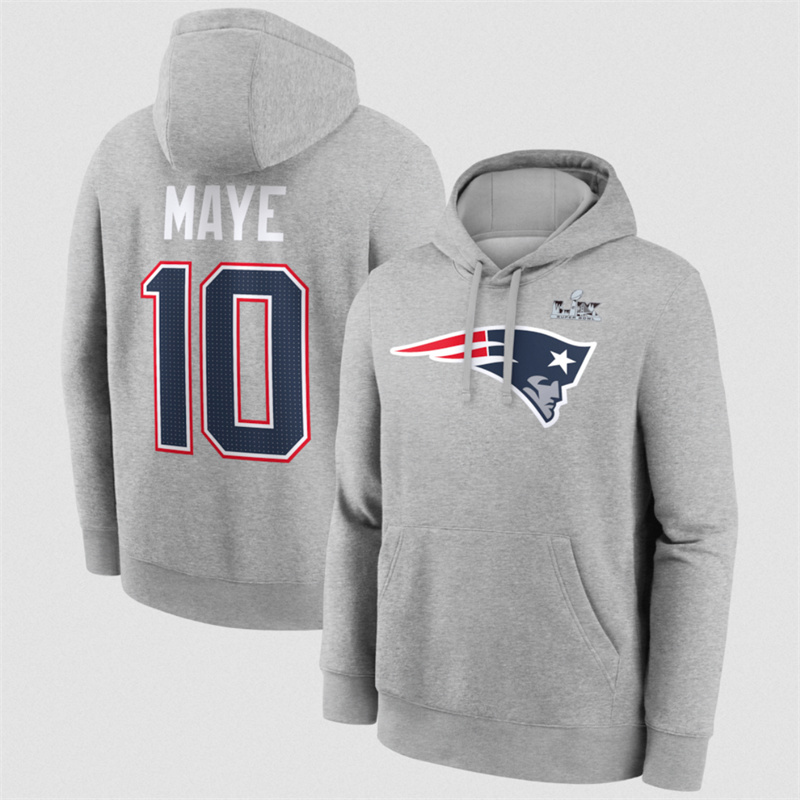 Men's New England Patriots #10 Drake Maye Heather Gray 2025 Super Bowl LX Patch Name & Number Hoodie Men's New England Patriots #10 Drake Maye Heather Gray 2025 Super Bowl LX Patch Name & Number Hoodie