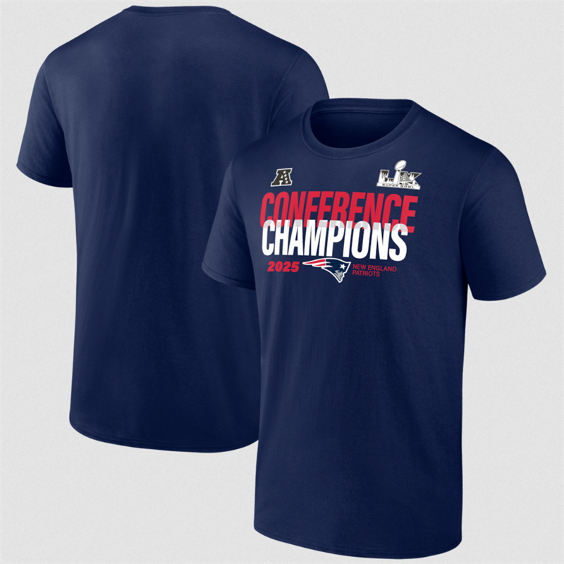 Men's New England Patriots Navy 2025 AFC Champions Right Side Draw T-Shirt Men's New England Patriots Navy 2025 AFC Champions Right Side Draw T-Shirt